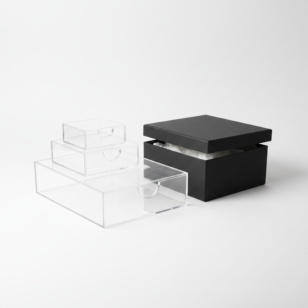 Clear acrylic drawer organizer set holding makeup and desk supplies on a vanity — view 4