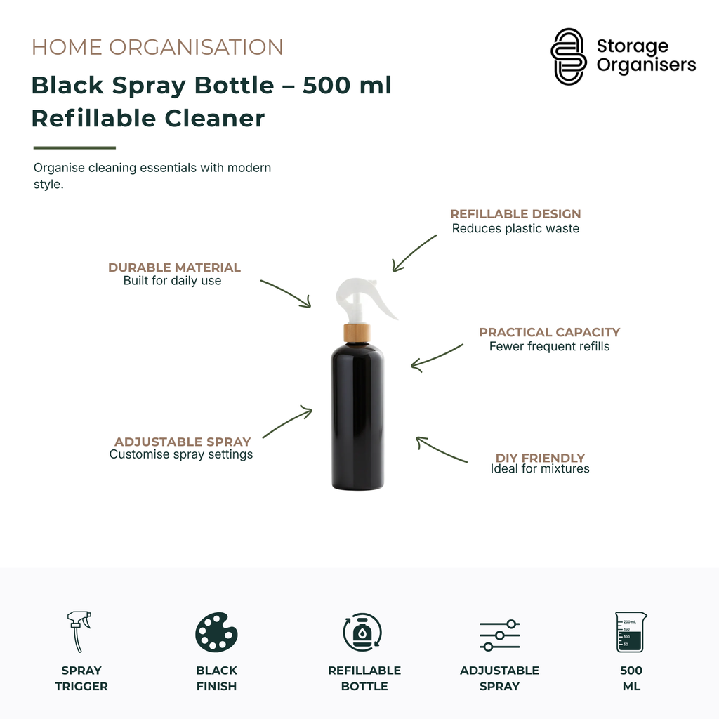 Black frosted 500ml spray bottle with white trigger for refillable cleaning solutions and plant misting — view 4