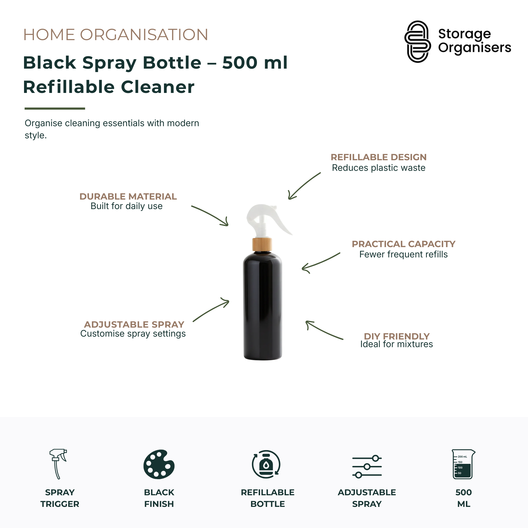 Black frosted 500ml spray bottle with white trigger for refillable cleaning solutions and plant misting — view 4