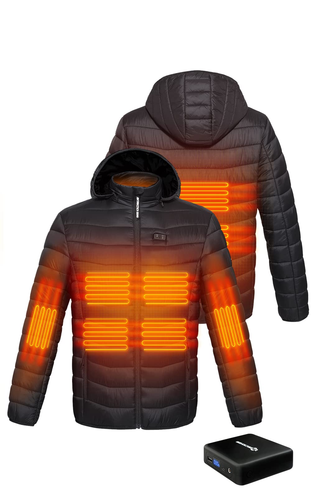 Unisex black polar fleece heated jacket with removable hood, multiple pockets, and 12V battery pack — view 2