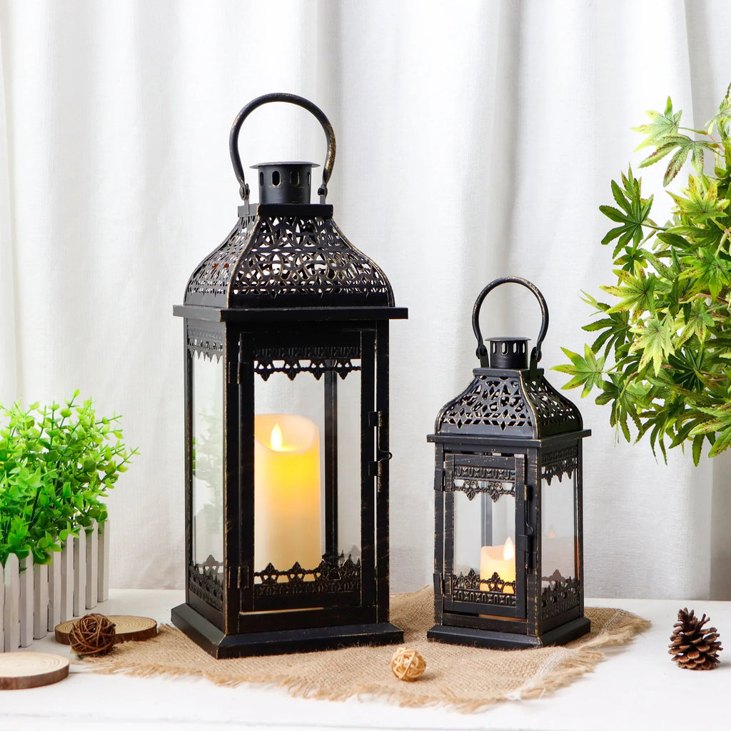 Vintage metal candle lanterns set of two with black brushed gold finish and clear tempered glass