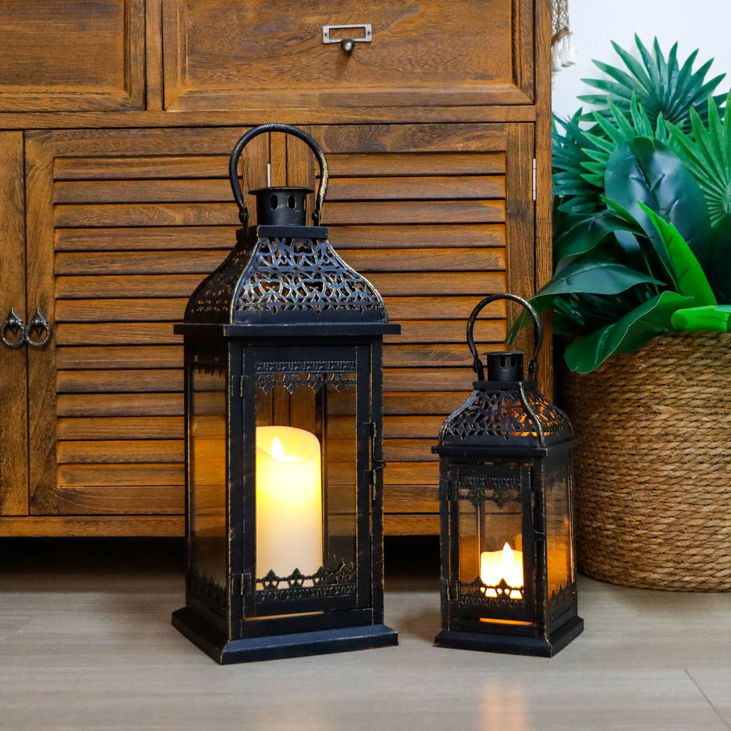 Vintage metal candle lanterns set of two with black brushed gold finish and clear tempered glass — view 2