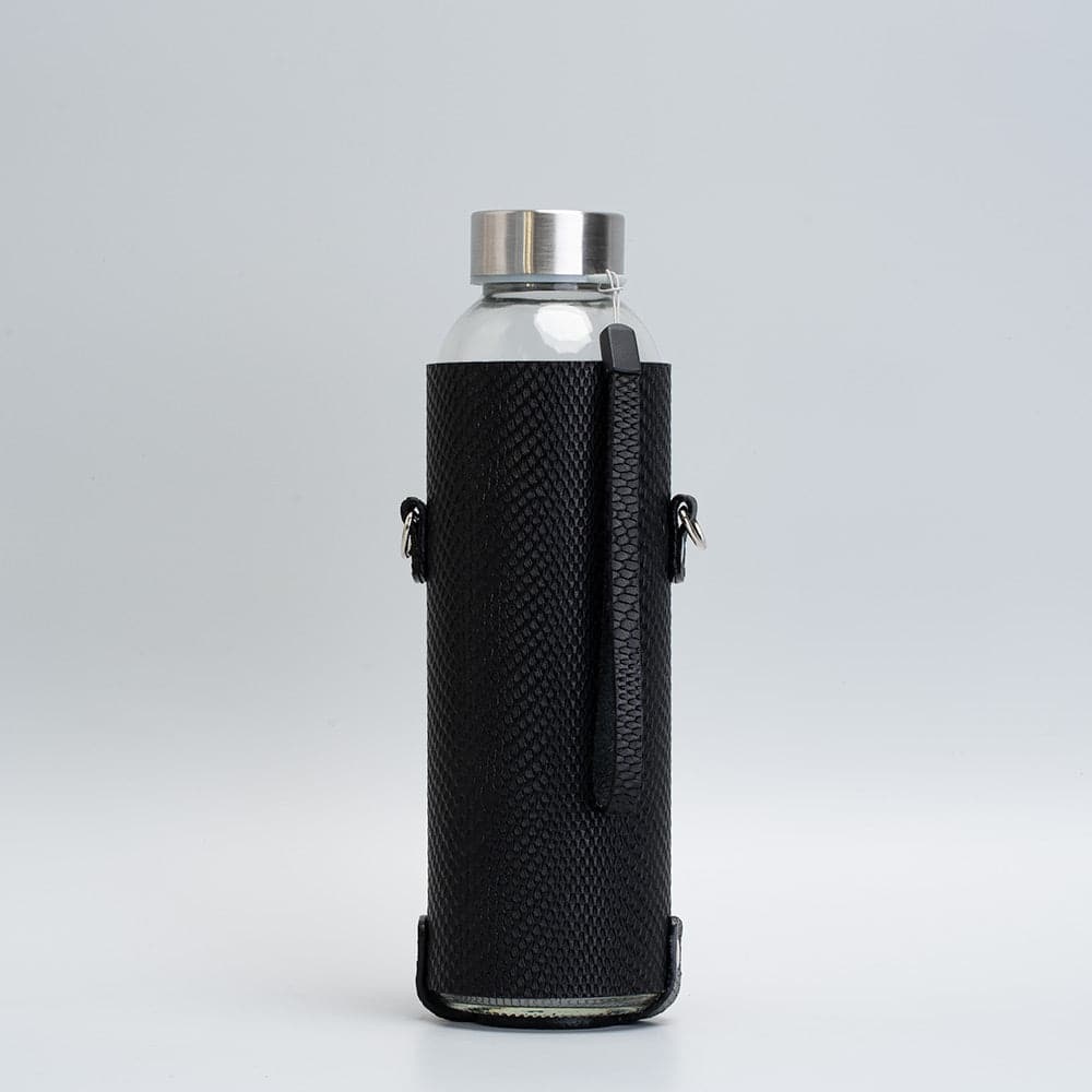 Leather water bottle holder with strap and glass bottle-2