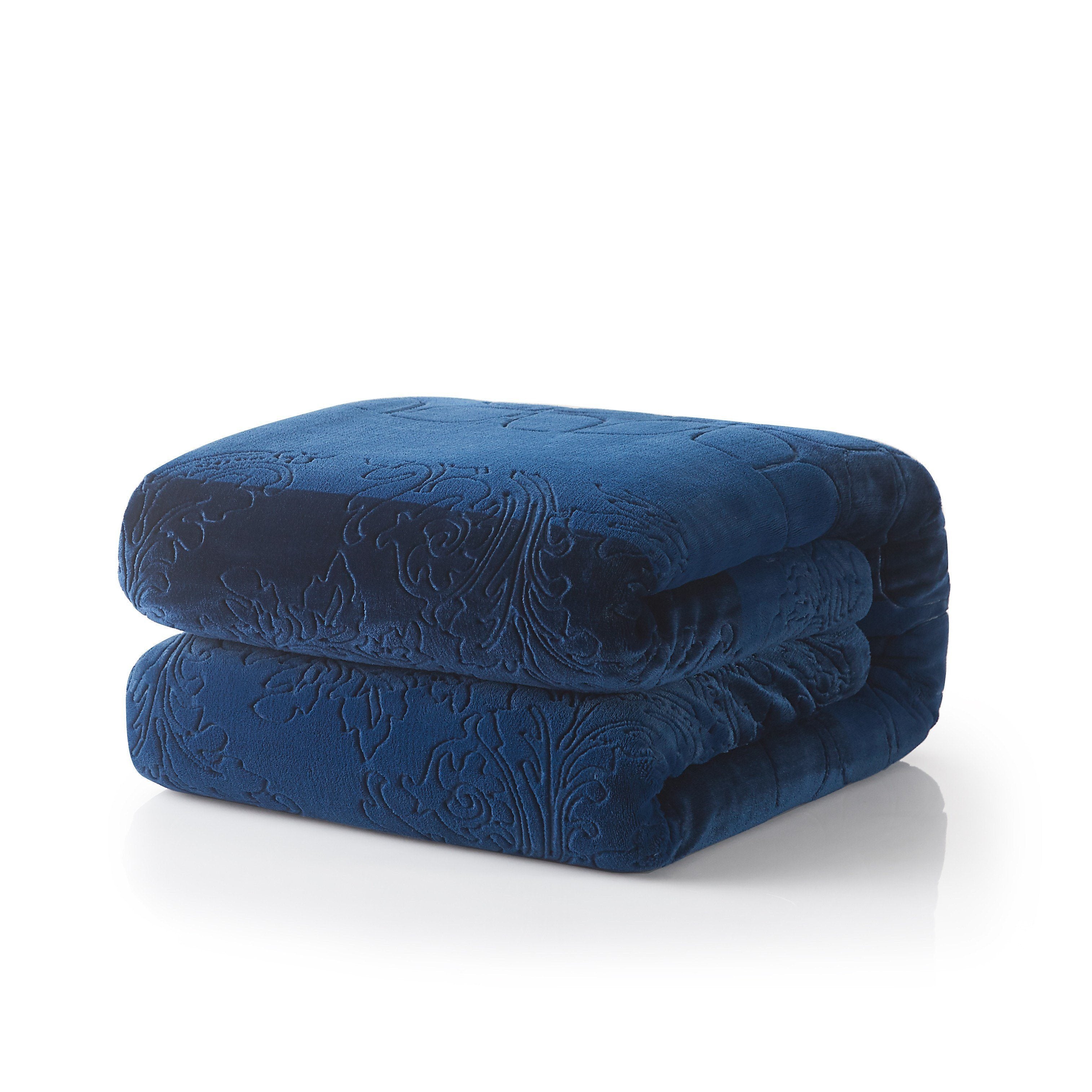 Night blue sherpa throw blanket featuring an elegant embossed floral and paisley microfleece front. — view 2