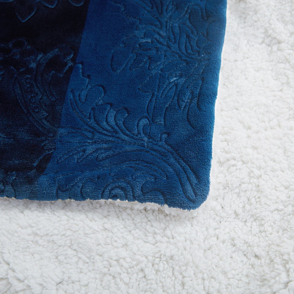 Night blue sherpa throw blanket featuring an elegant embossed floral and paisley microfleece front. — view 4