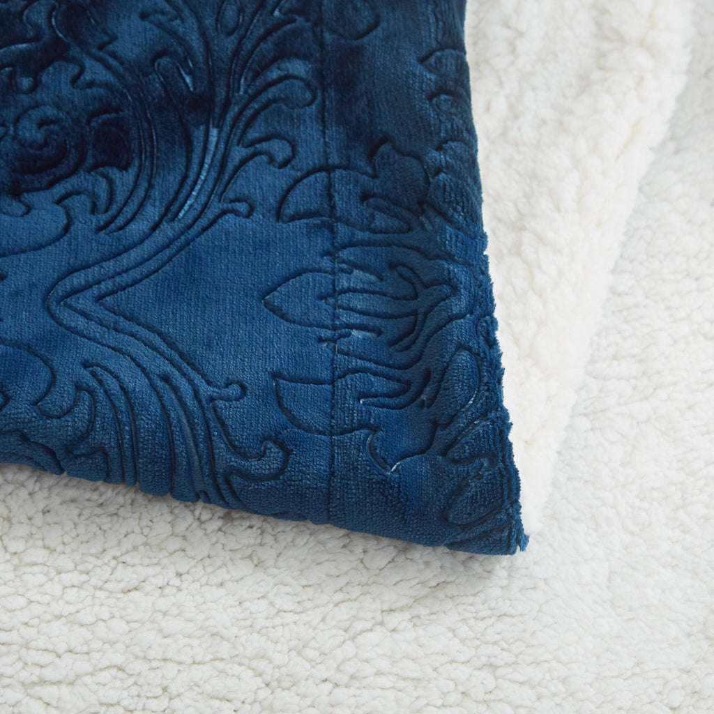 Night blue sherpa throw blanket featuring an elegant embossed floral and paisley microfleece front. — view 5