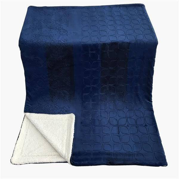 Night blue sherpa throw blanket featuring an elegant embossed floral and paisley microfleece front. — view 3
