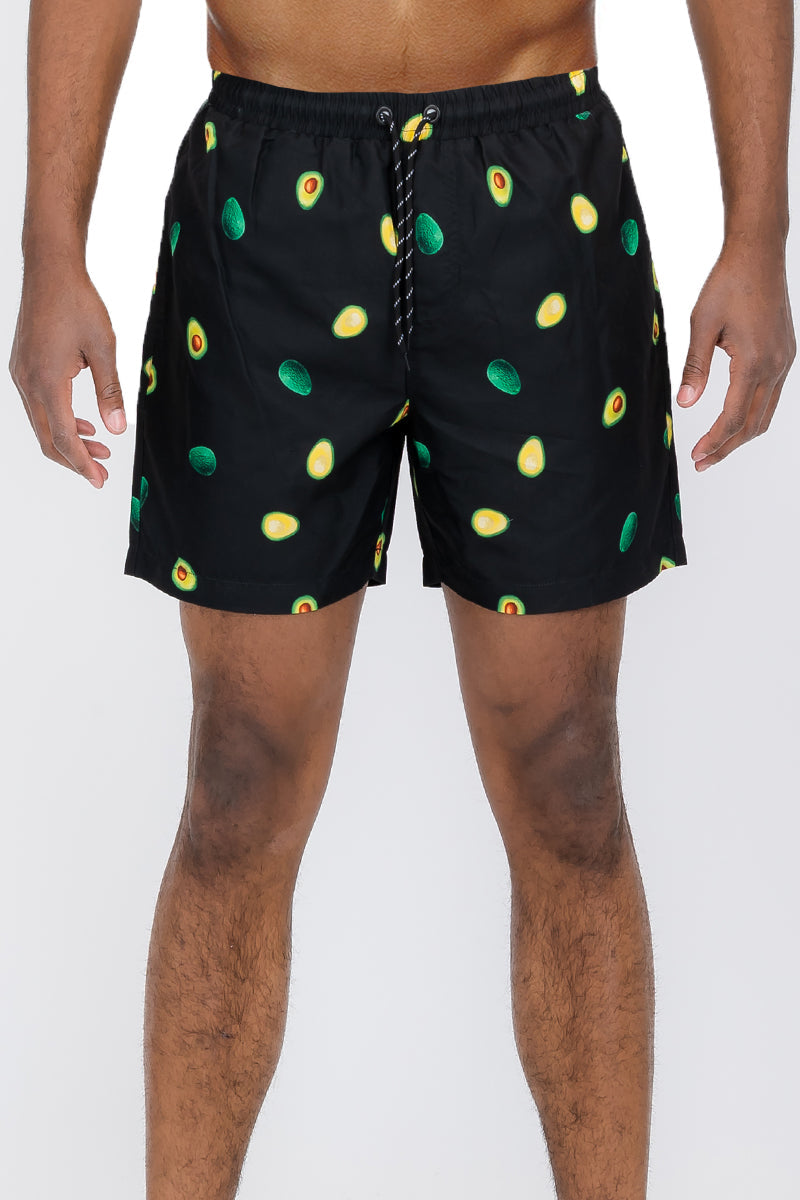 Men's green avocado print swim shorts with side pockets and mesh lining