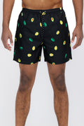 Men's green avocado print swim shorts with side pockets and mesh lining