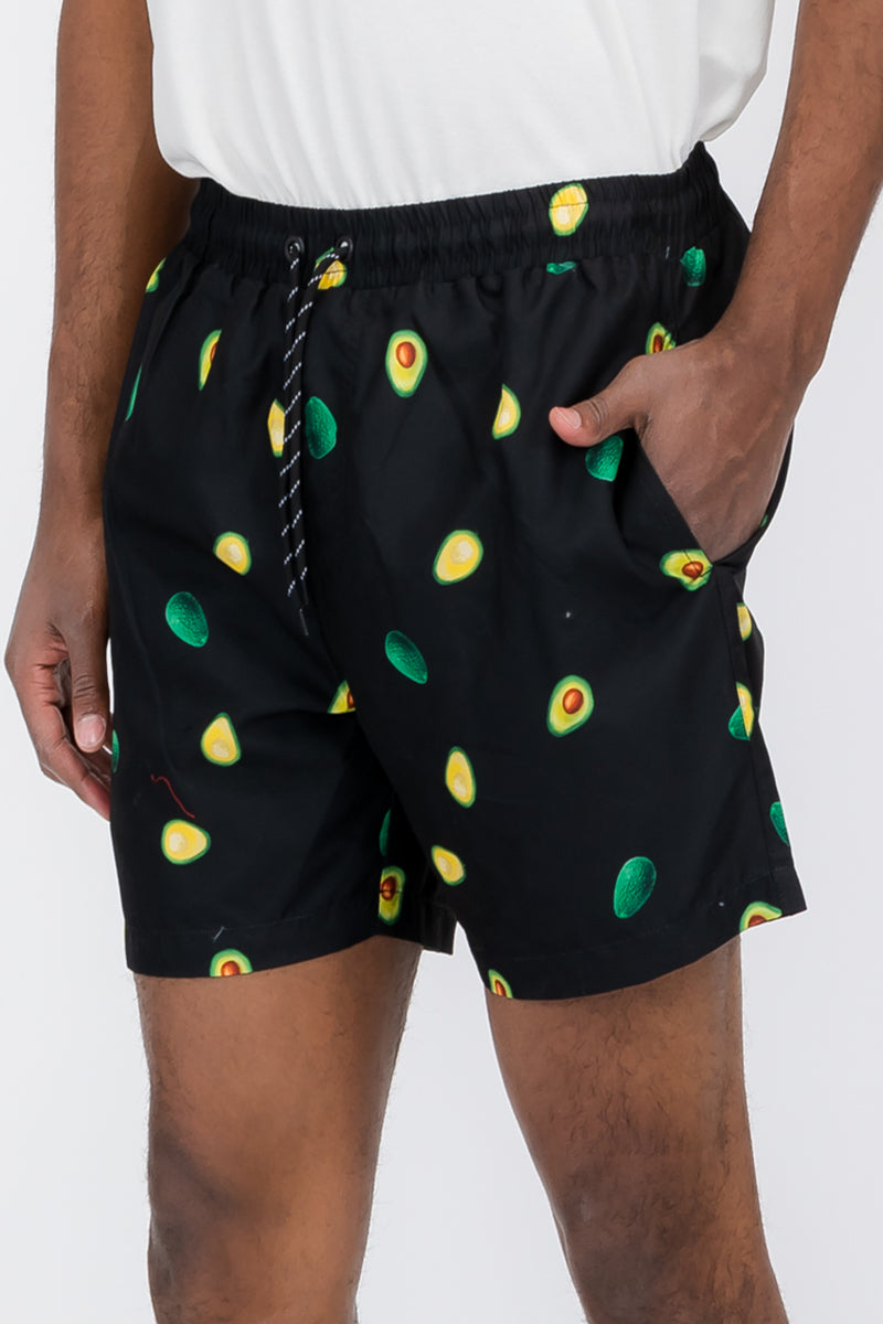 Men's green avocado print swim shorts with side pockets and mesh lining — view 2