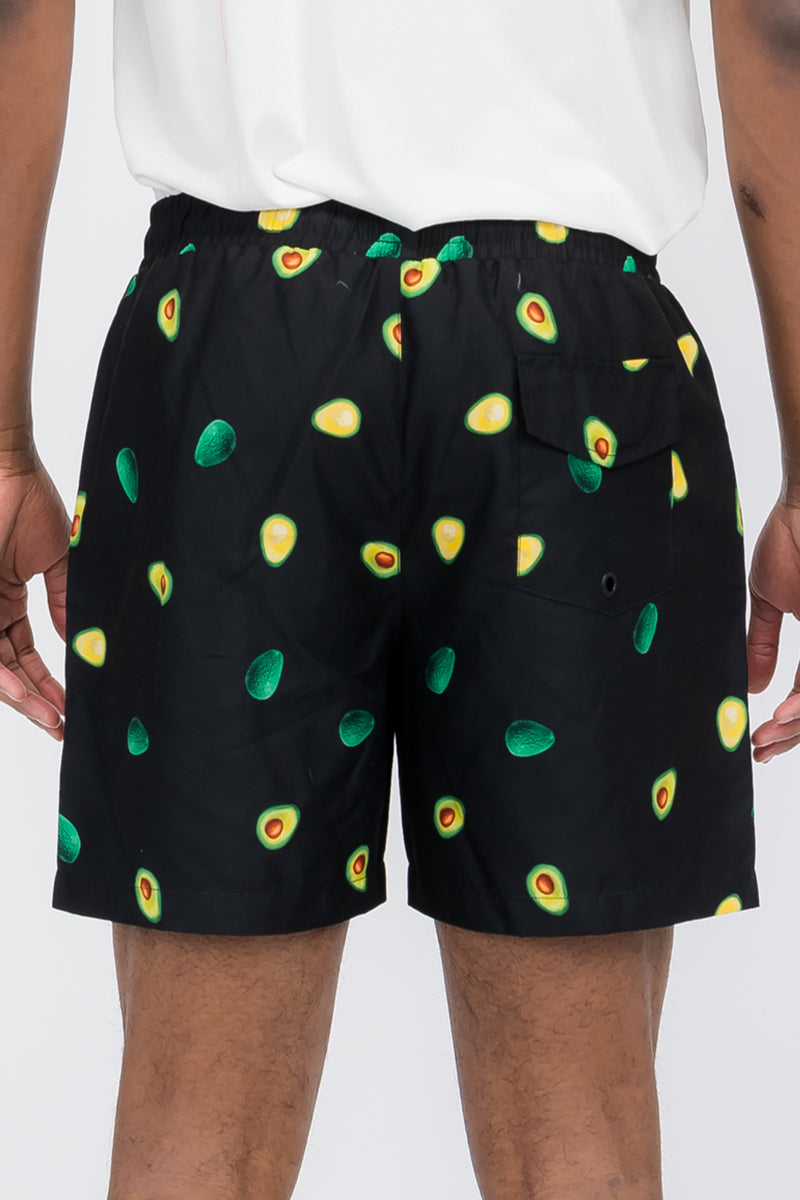 Men's green avocado print swim shorts with side pockets and mesh lining — view 3
