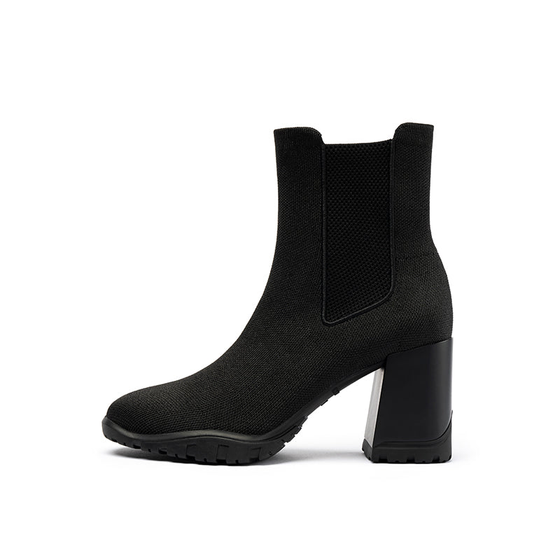Knit block heel Chelsea ankle boots with seamless eco-friendly upper and classic elastic side panels.