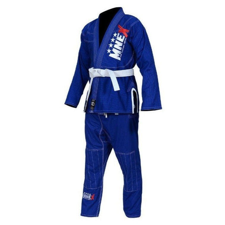 Blue BJJ Gi martial arts suit in cotton pearl weave with white belt — view 3