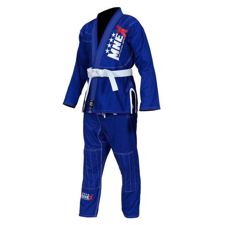 Blue BJJ Gi martial arts suit in cotton pearl weave with white belt
