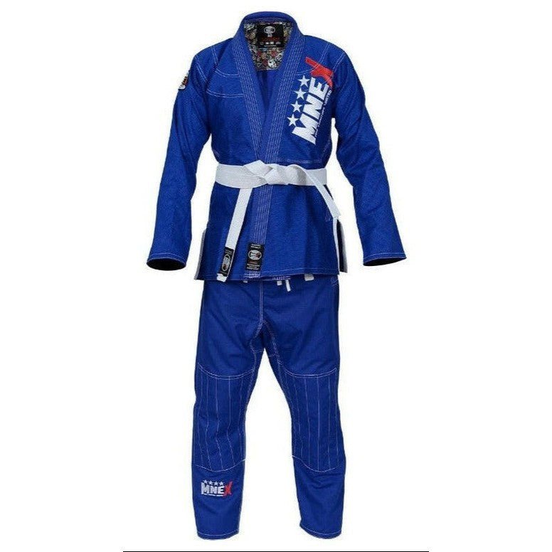 Blue BJJ Gi martial arts suit in cotton pearl weave with white belt — view 2