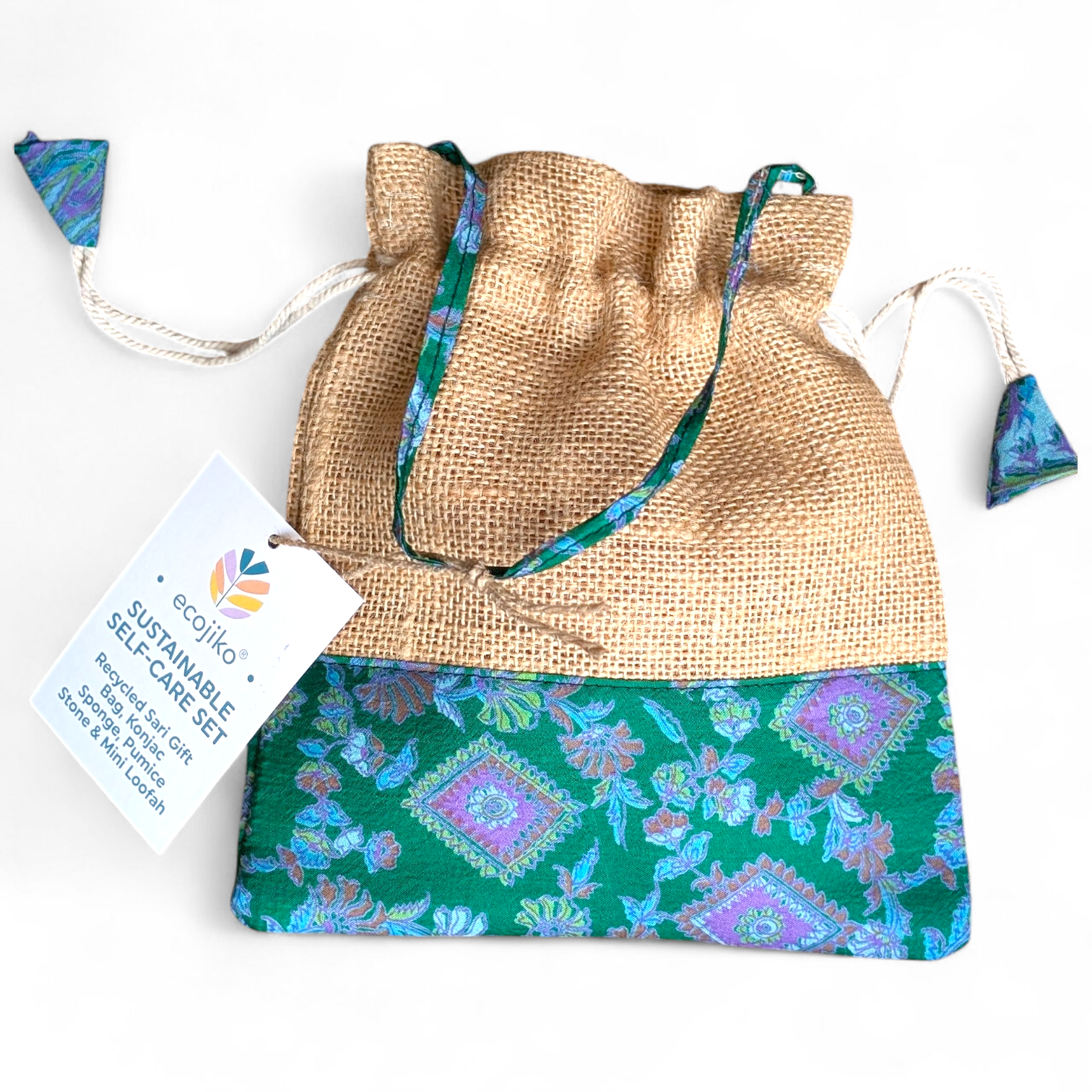 Sustainable self care beauty gift set with pumice stone, konjac sponge, loofah, and upcycled bag — view 4
