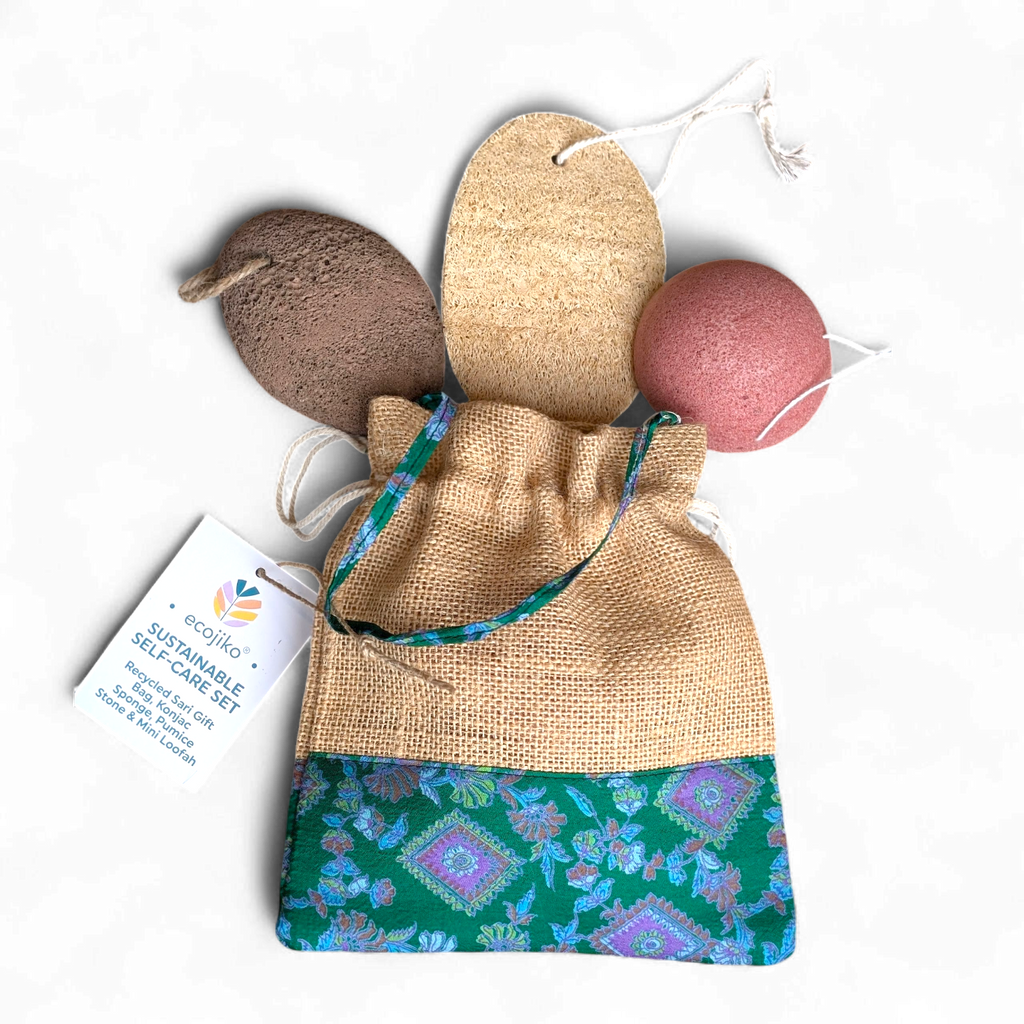 Sustainable self care beauty gift set with pumice stone, konjac sponge, loofah, and upcycled bag — view 3