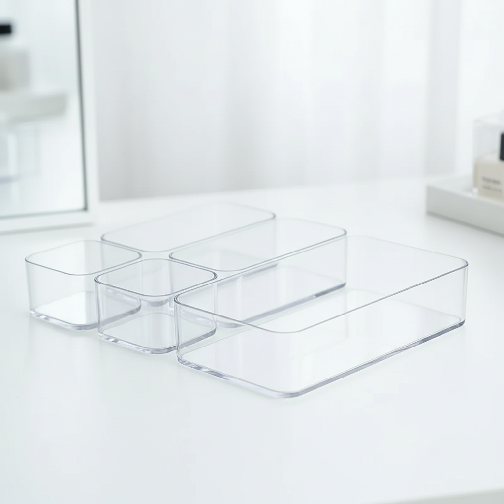 Clear acrylic drawer organizer set holding makeup and desk supplies on a vanity