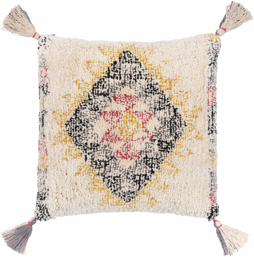 Square woven cotton throw pillow featuring vibrant black, mustard, pink, and beige bohemian color tones.