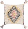 Square woven cotton throw pillow featuring vibrant black, mustard, pink, and beige bohemian color tones.