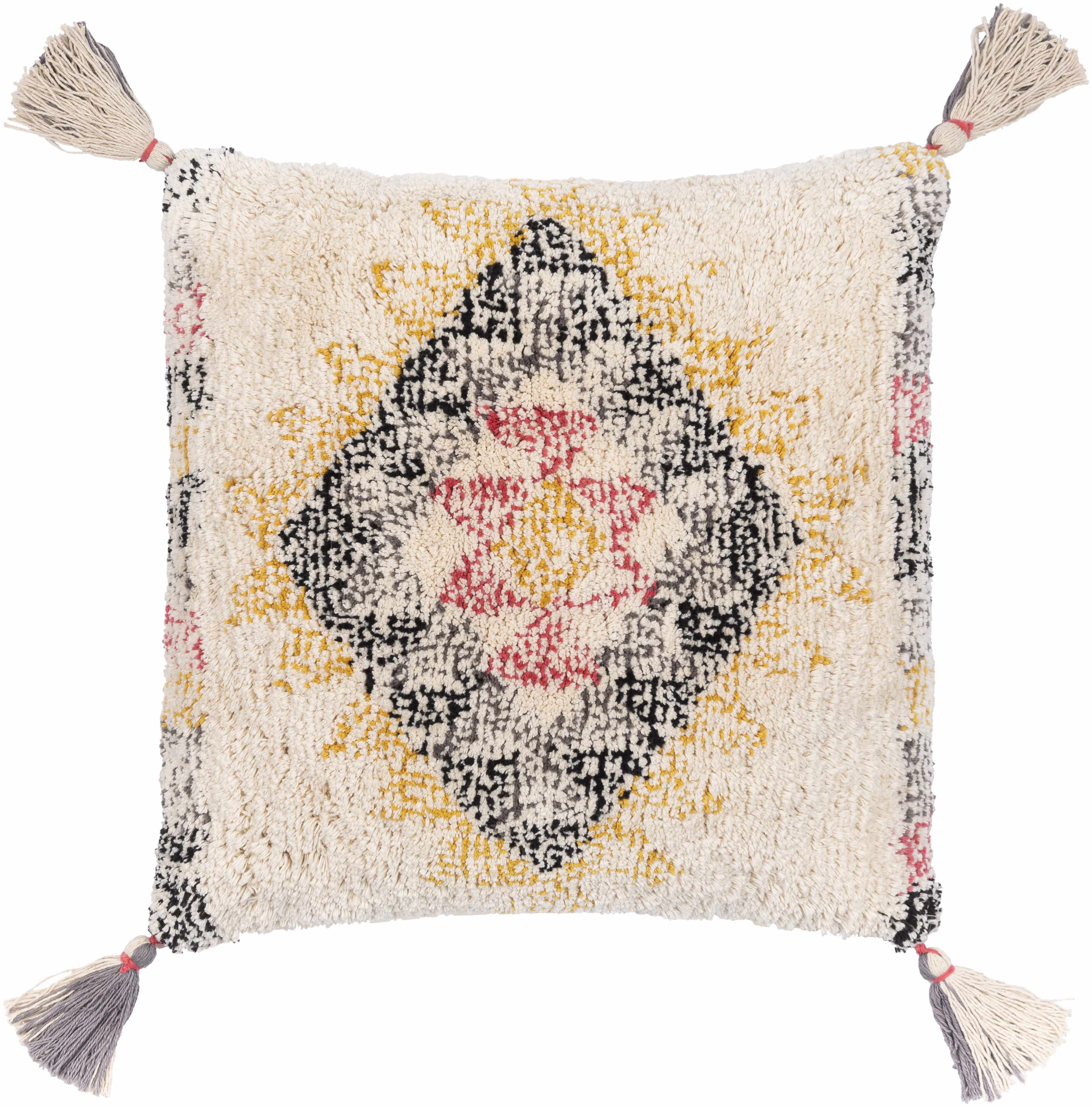 Square woven cotton throw pillow featuring vibrant black, mustard, pink, and beige bohemian color tones.