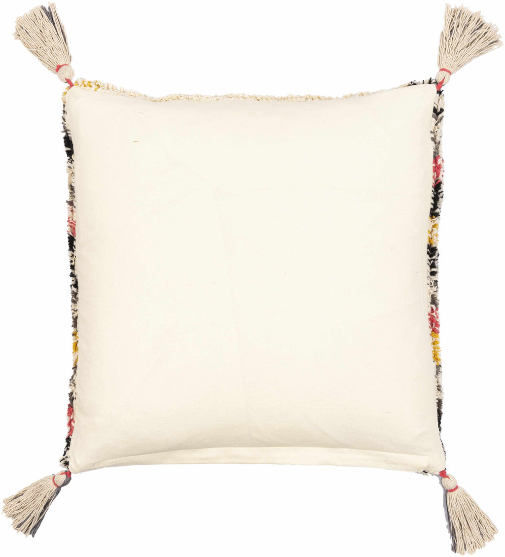 Square woven cotton throw pillow featuring vibrant black, mustard, pink, and beige bohemian color tones. — view 5