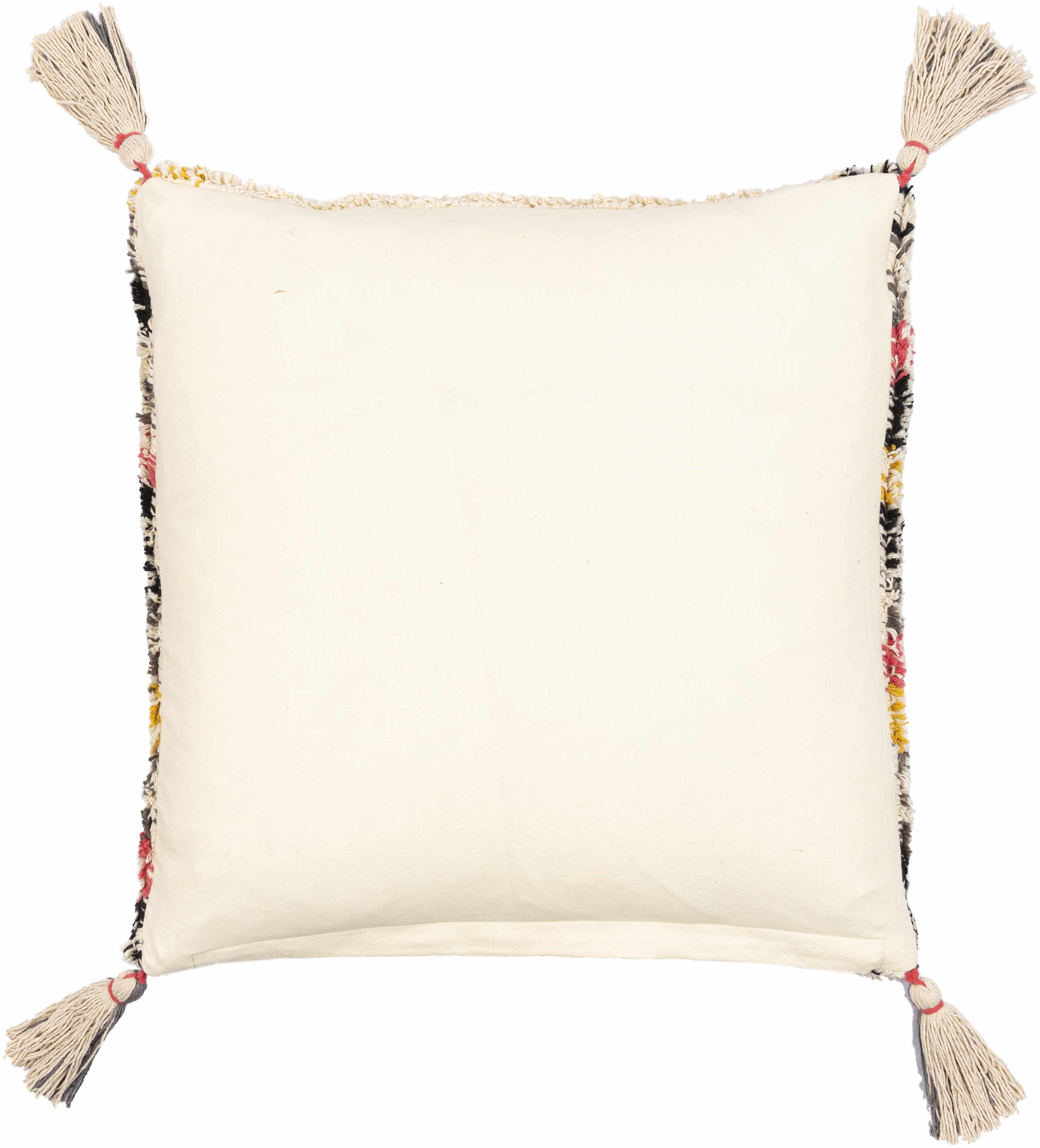 Square woven cotton throw pillow featuring vibrant black, mustard, pink, and beige bohemian color tones. — view 5