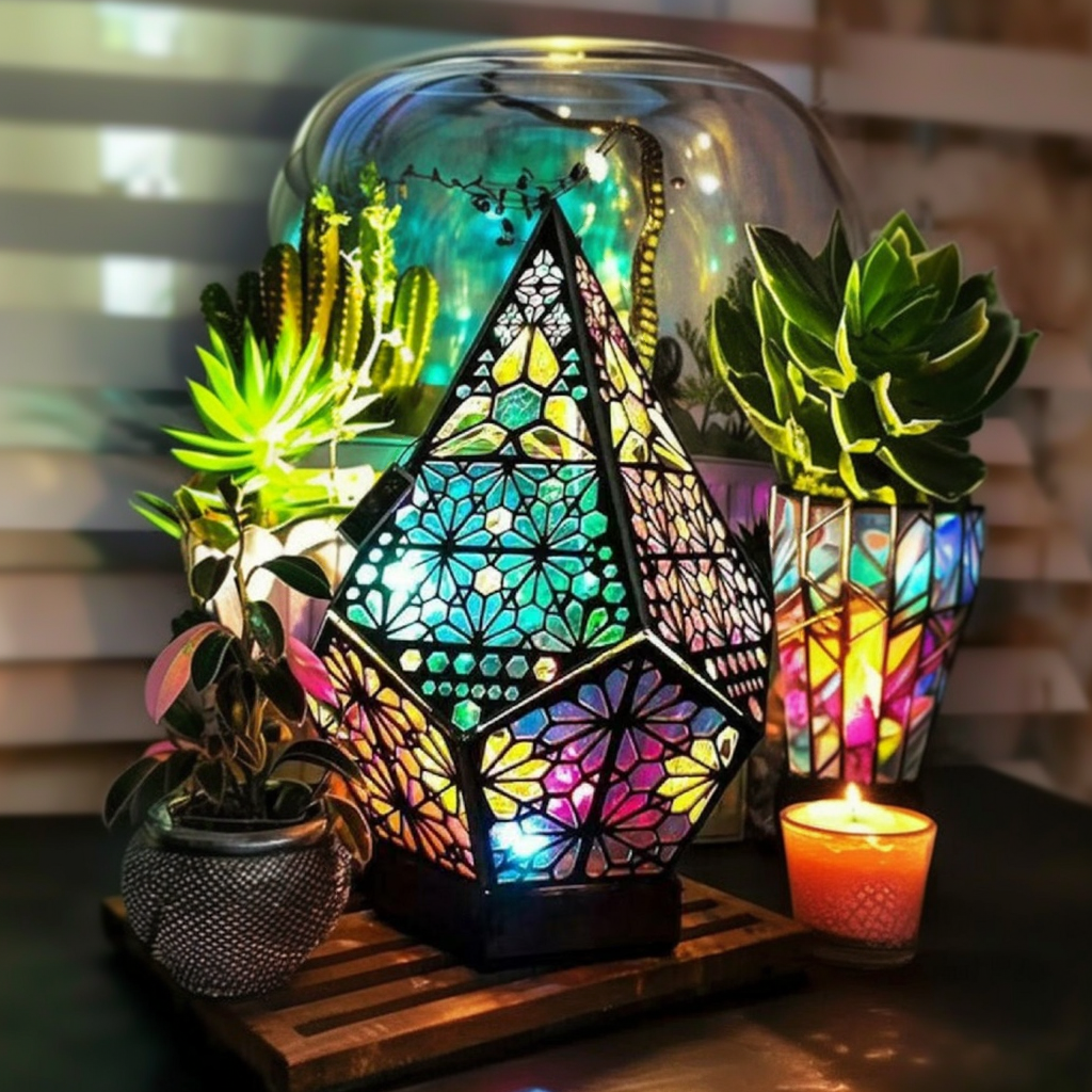Bohemian wooden table lamp projecting colorful 3D star patterns from a diamond shaped basswood frame — view 2