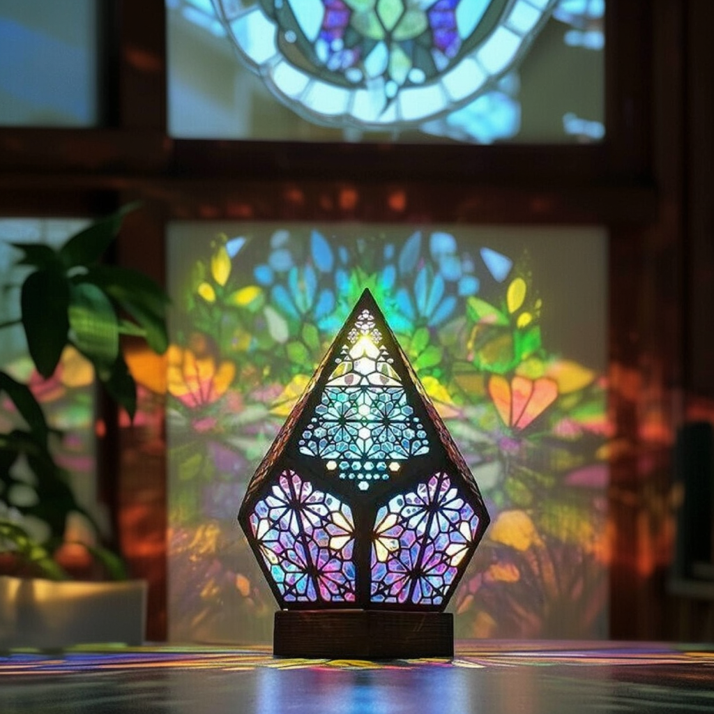 Bohemian wooden table lamp projecting colorful 3D star patterns from a diamond shaped basswood frame — view 4