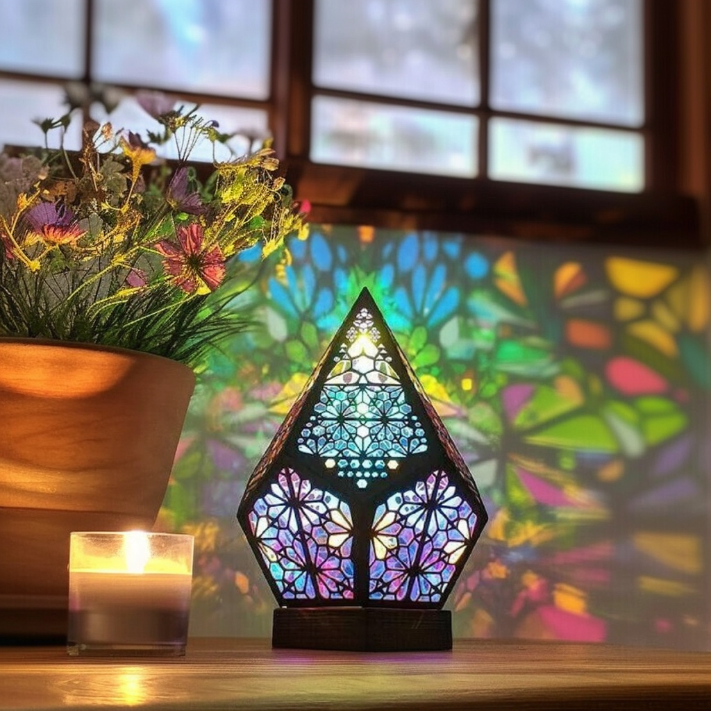 Bohemian wooden table lamp projecting colorful 3D star patterns from a diamond shaped basswood frame