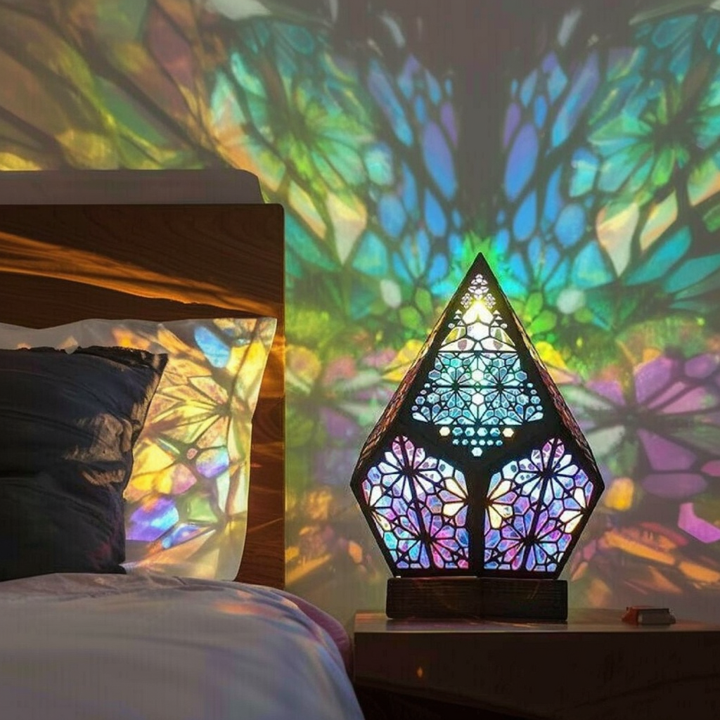 Bohemian wooden table lamp projecting colorful 3D star patterns from a diamond shaped basswood frame — view 5