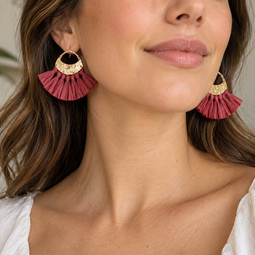 Red Raffia Fan Earrings-1