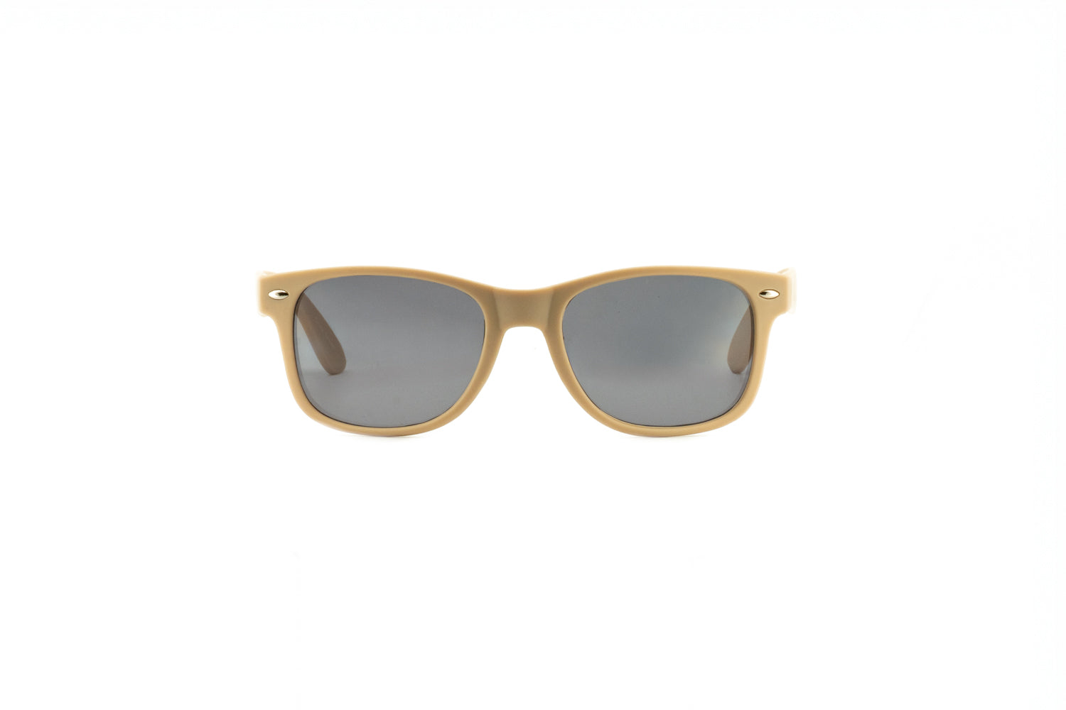 Matte beige kids wayfarer sunglasses with dark smoke lenses and metal rivet details on the temples. — view 2