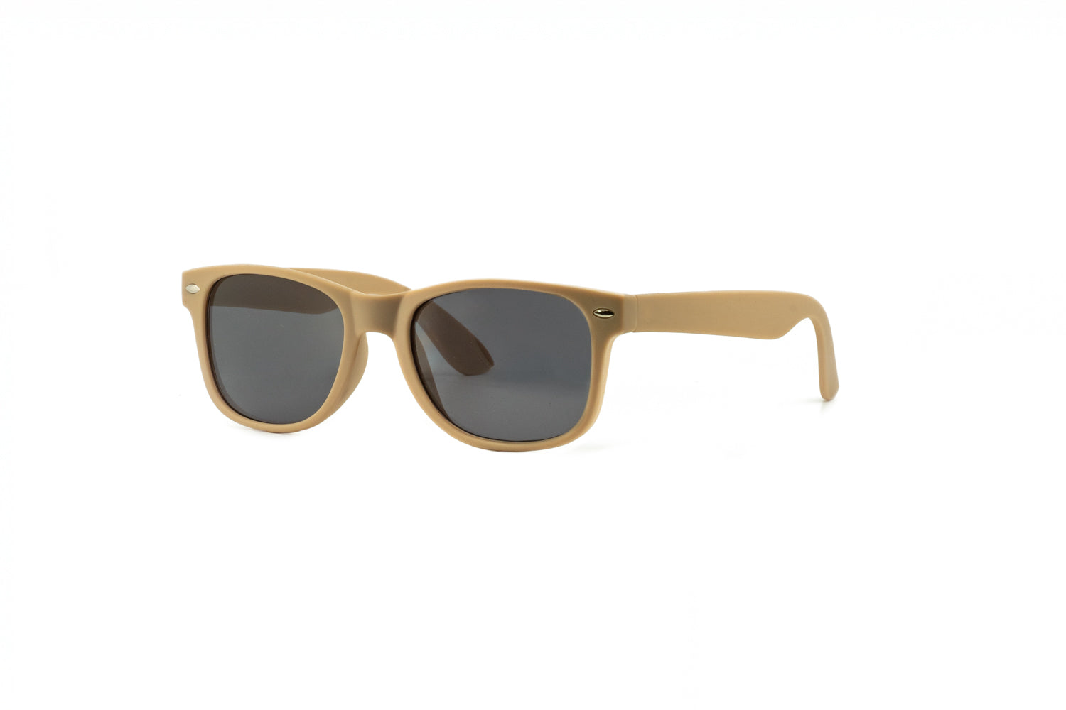 Matte beige kids wayfarer sunglasses with dark smoke lenses and metal rivet details on the temples.