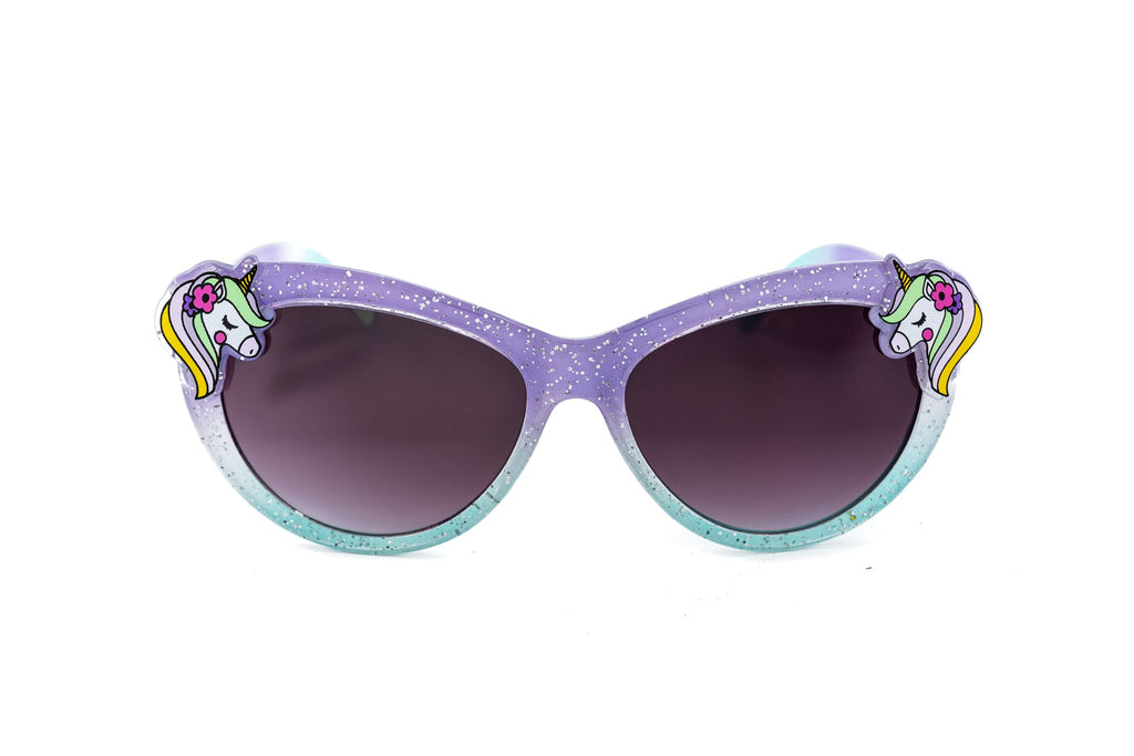 Kids unicorn cat-eye sunglasses featuring white glitter frames and purple gradient UV protection lenses — view 5