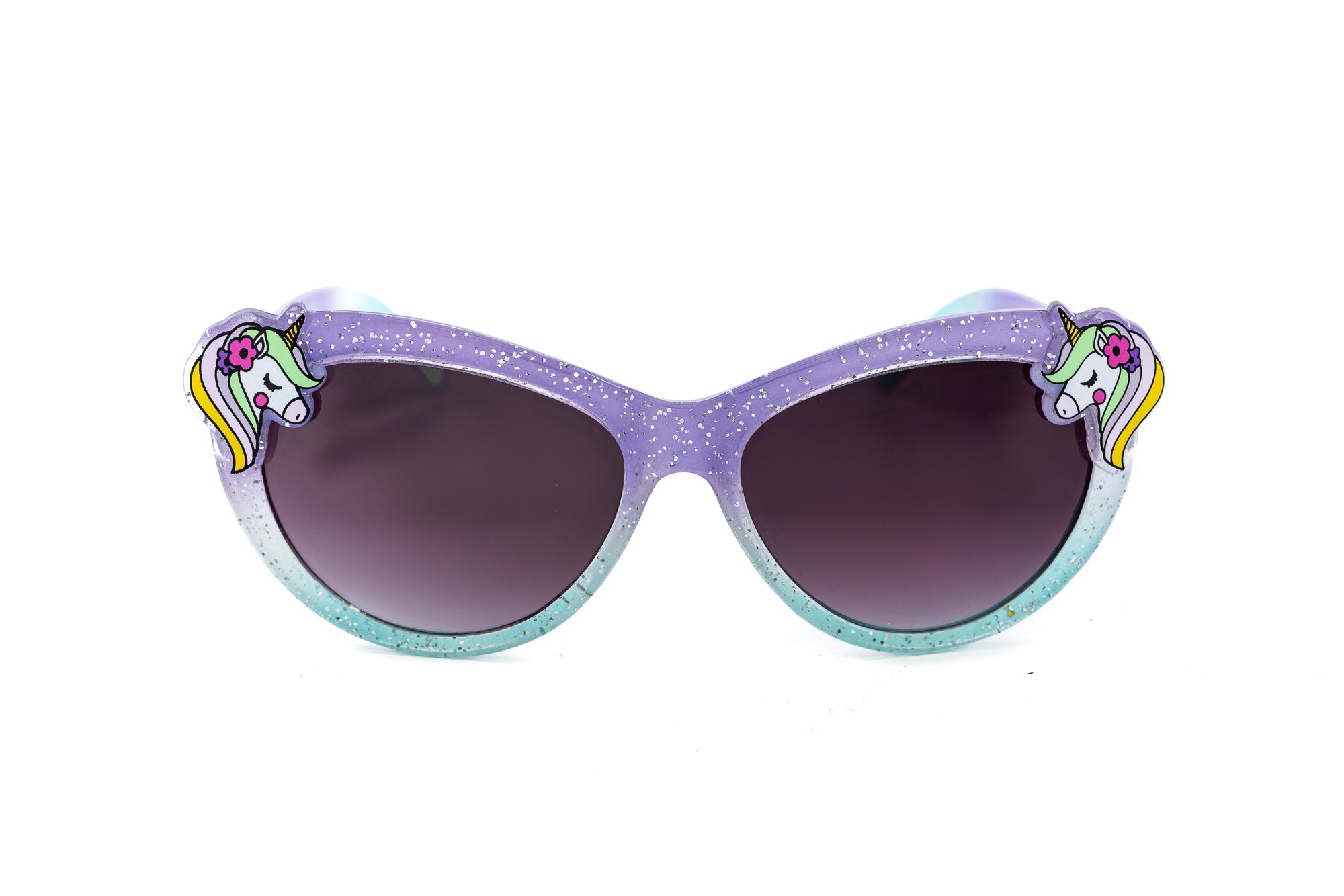 Kids unicorn cat-eye sunglasses featuring white glitter frames and purple gradient UV protection lenses — view 5