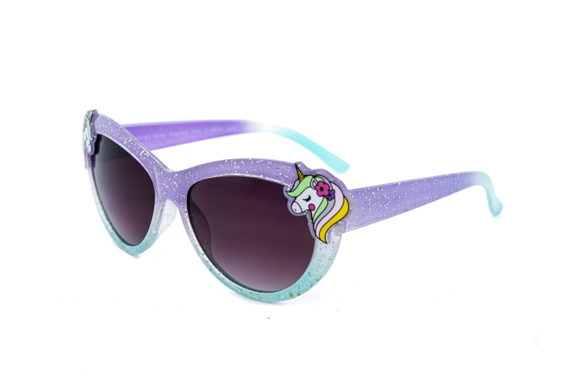 Kids unicorn cat-eye sunglasses featuring white glitter frames and purple gradient UV protection lenses — view 4