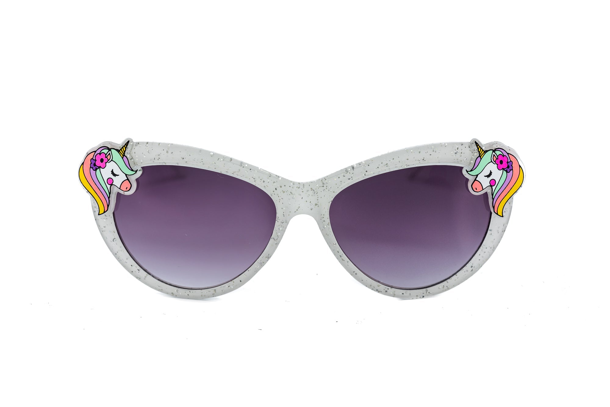 Kids unicorn cat-eye sunglasses featuring white glitter frames and purple gradient UV protection lenses — view 2