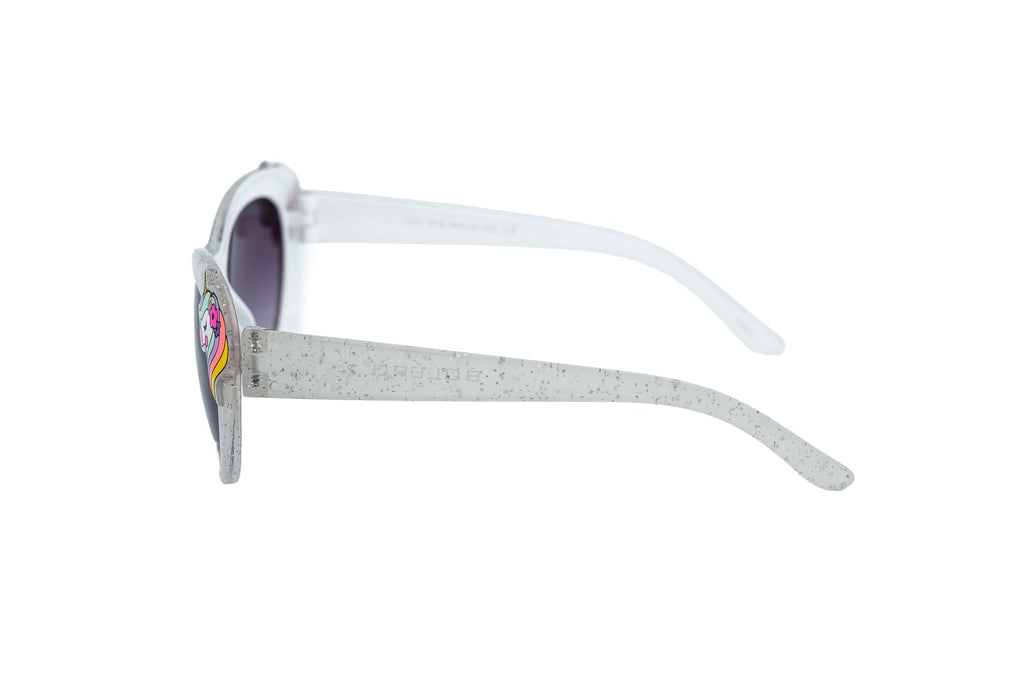 Kids unicorn cat-eye sunglasses featuring white glitter frames and purple gradient UV protection lenses — view 3