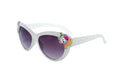 Kids unicorn cat-eye sunglasses featuring white glitter frames and purple gradient UV protection lenses