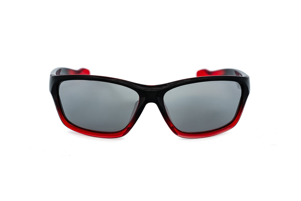 Kids sport-wrap sunglasses with a black-to-red gradient frame and grey tinted protective lenses — view 2