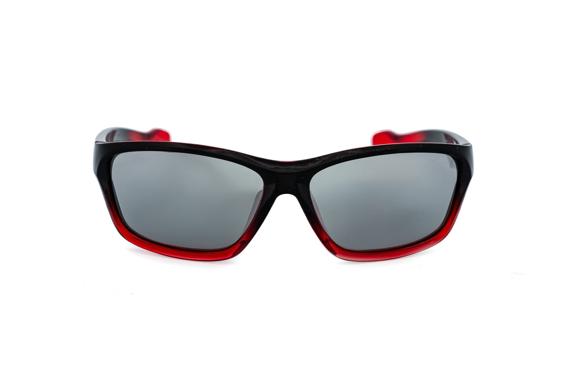 Kids sport-wrap sunglasses with a black-to-red gradient frame and grey tinted protective lenses — view 2