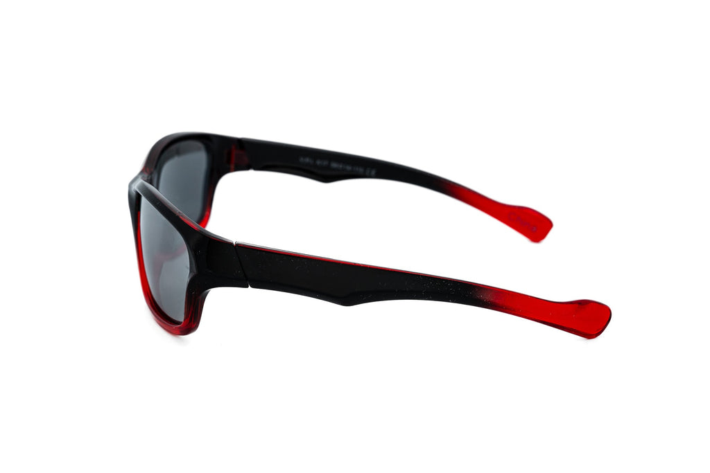 Kids sport-wrap sunglasses with a black-to-red gradient frame and grey tinted protective lenses — view 3