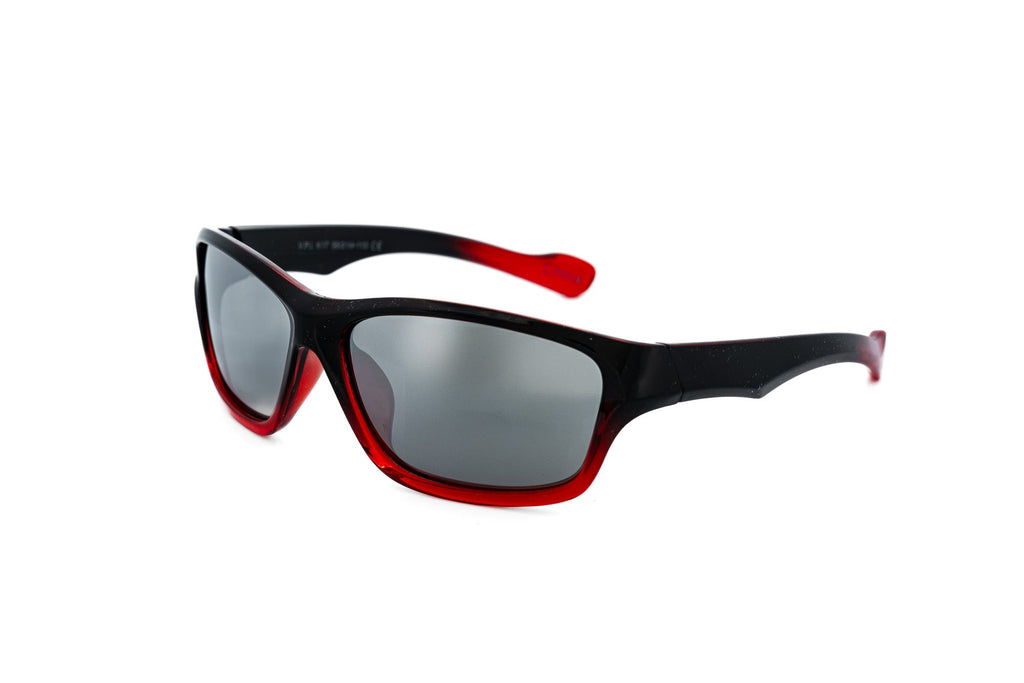 Kids sport-wrap sunglasses with a black-to-red gradient frame and grey tinted protective lenses
