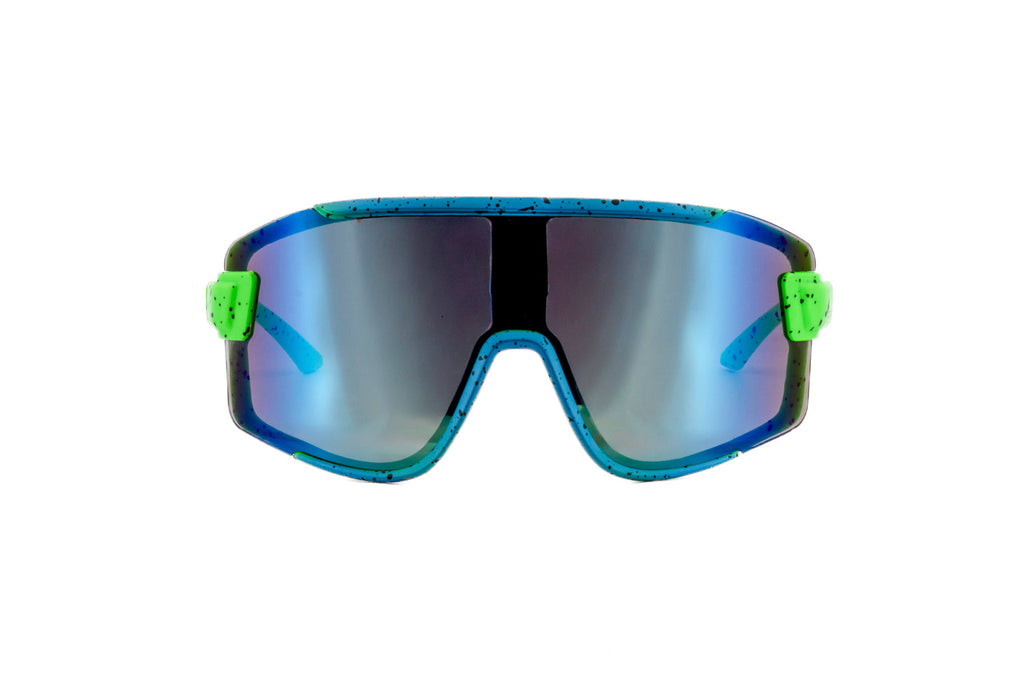 Kids oversized shield sunglasses with neon green speckled frame and blue-green mirrored lenses — view 2