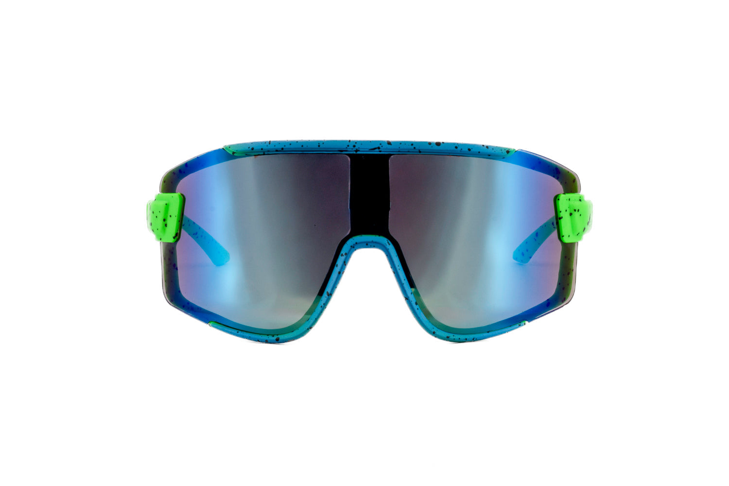 Kids oversized shield sunglasses with neon green speckled frame and blue-green mirrored lenses — view 2