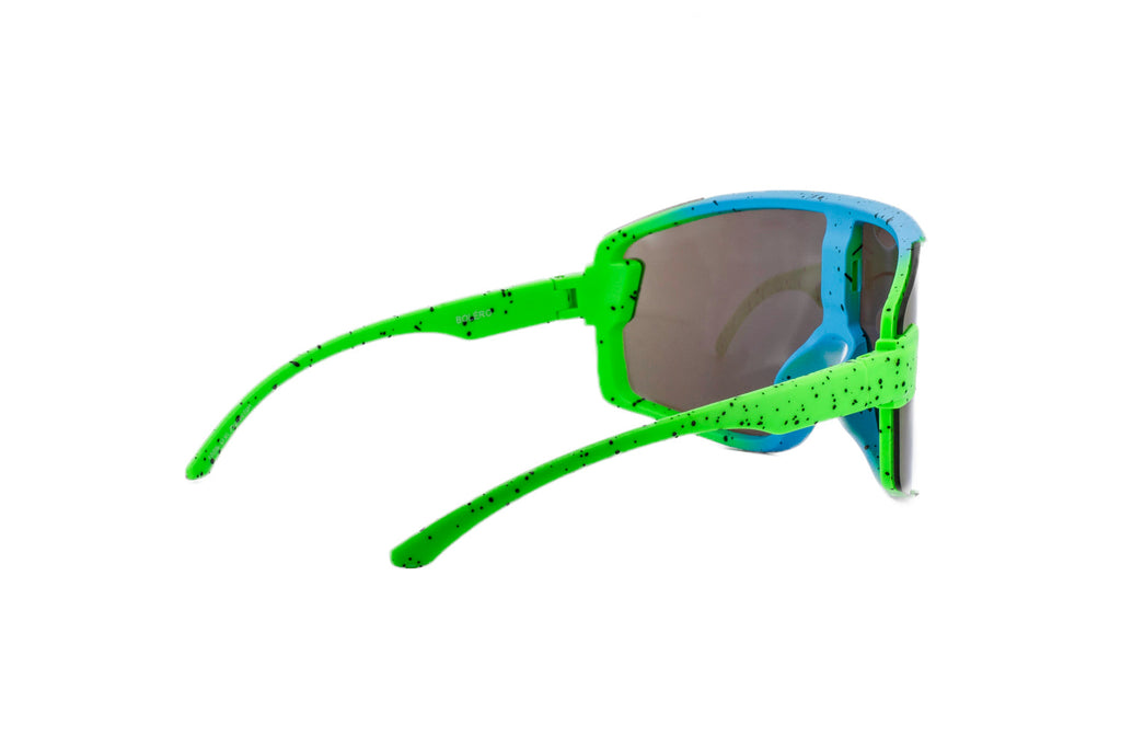 Kids oversized shield sunglasses with neon green speckled frame and blue-green mirrored lenses — view 4