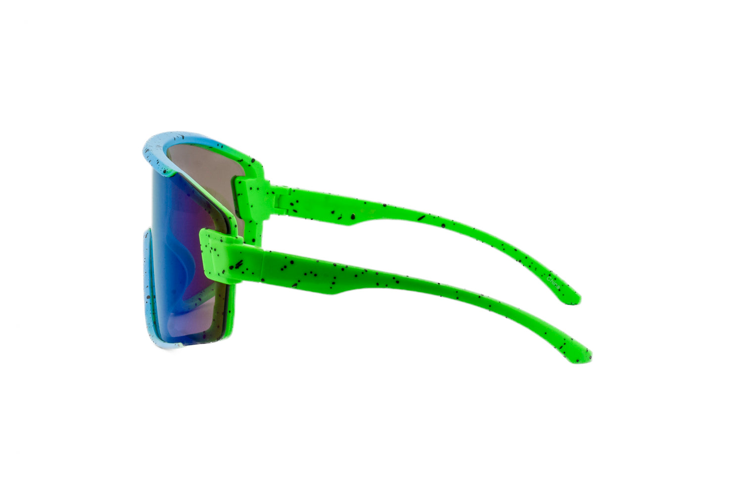 Kids oversized shield sunglasses with neon green speckled frame and blue-green mirrored lenses — view 3