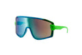 Kids oversized shield sunglasses with neon green speckled frame and blue-green mirrored lenses