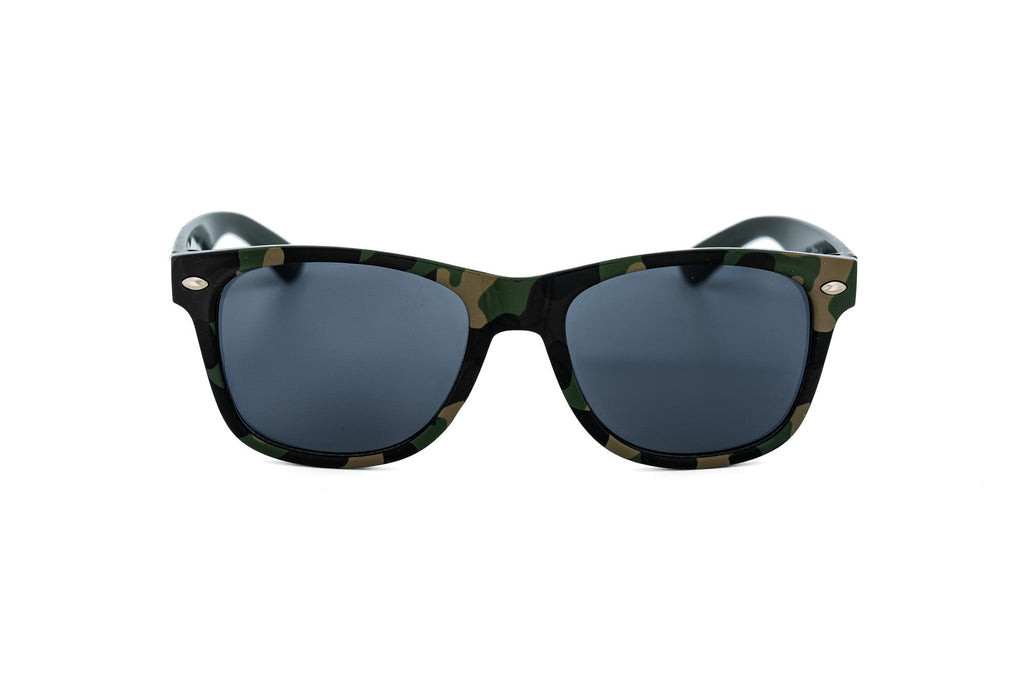 Green woodland camo kids wayfarer sunglasses with smoke grey lenses and silver rivet accents — view 2